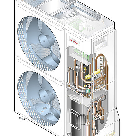 Schnittgrafik des Außengerätes der neuen Splitwärmepumpe.